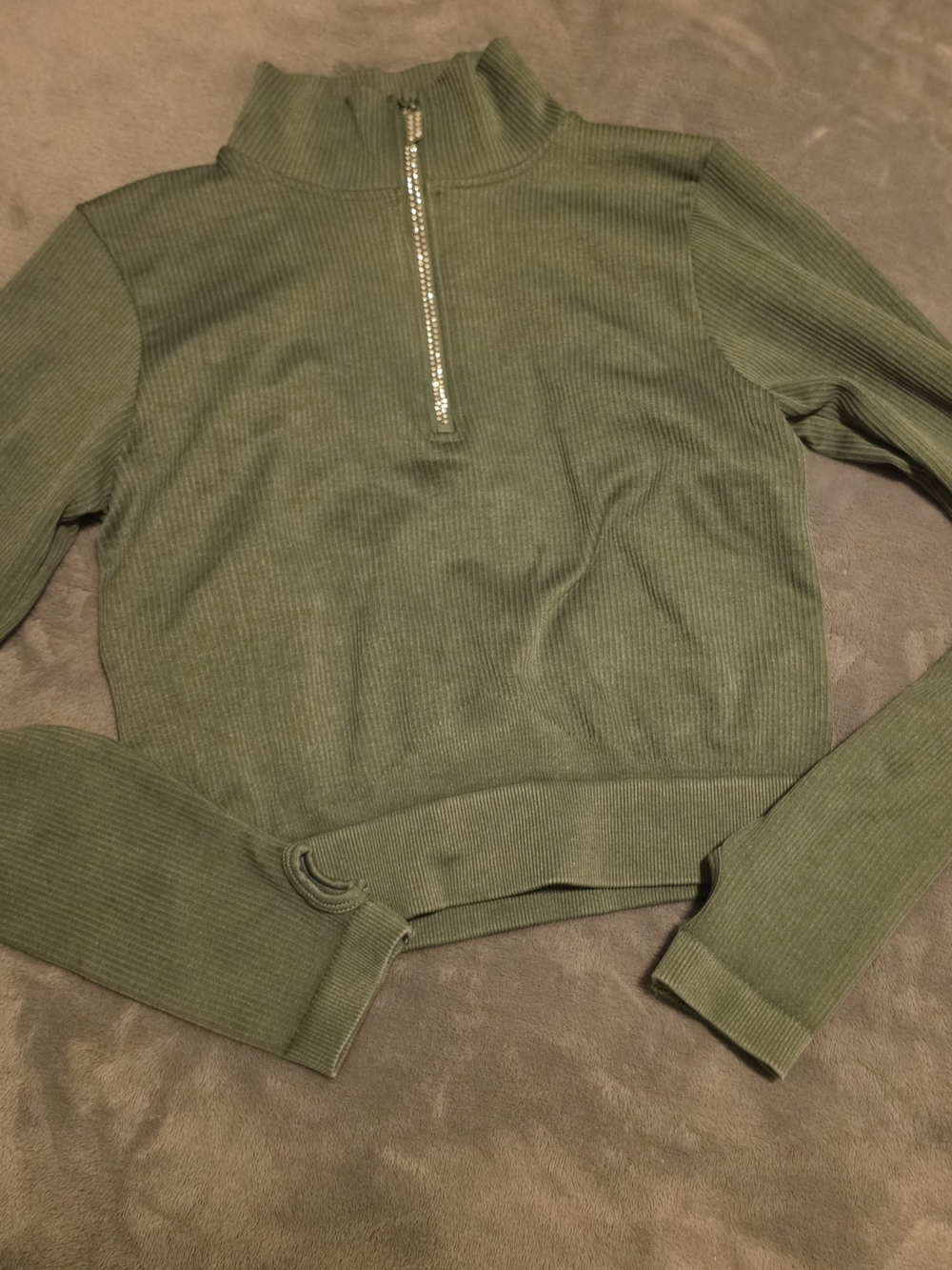 Olive Ribbed, Crystal Half-Zip Cropped Sweater With Thum Holes